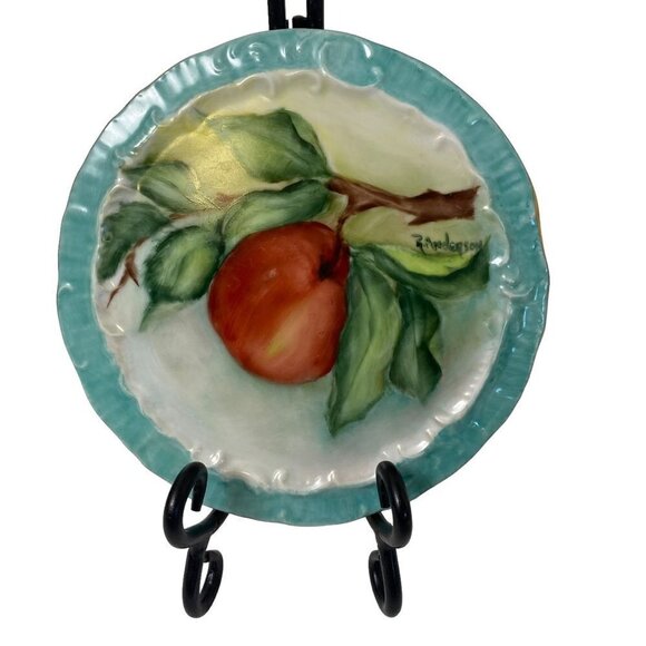 Vintage Plate Botanical Apple Hand Painted Ceramic Signed R. Anderson - Picture 4 of 9